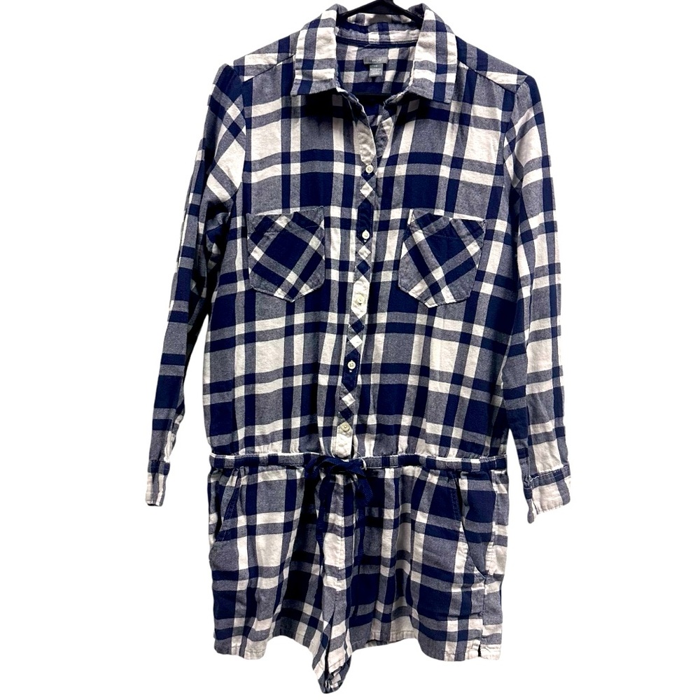 Aerie Cotton Blue White Flannel Plaid Button Up Long Sleeve Short Romper Large - Picture 7 of 13